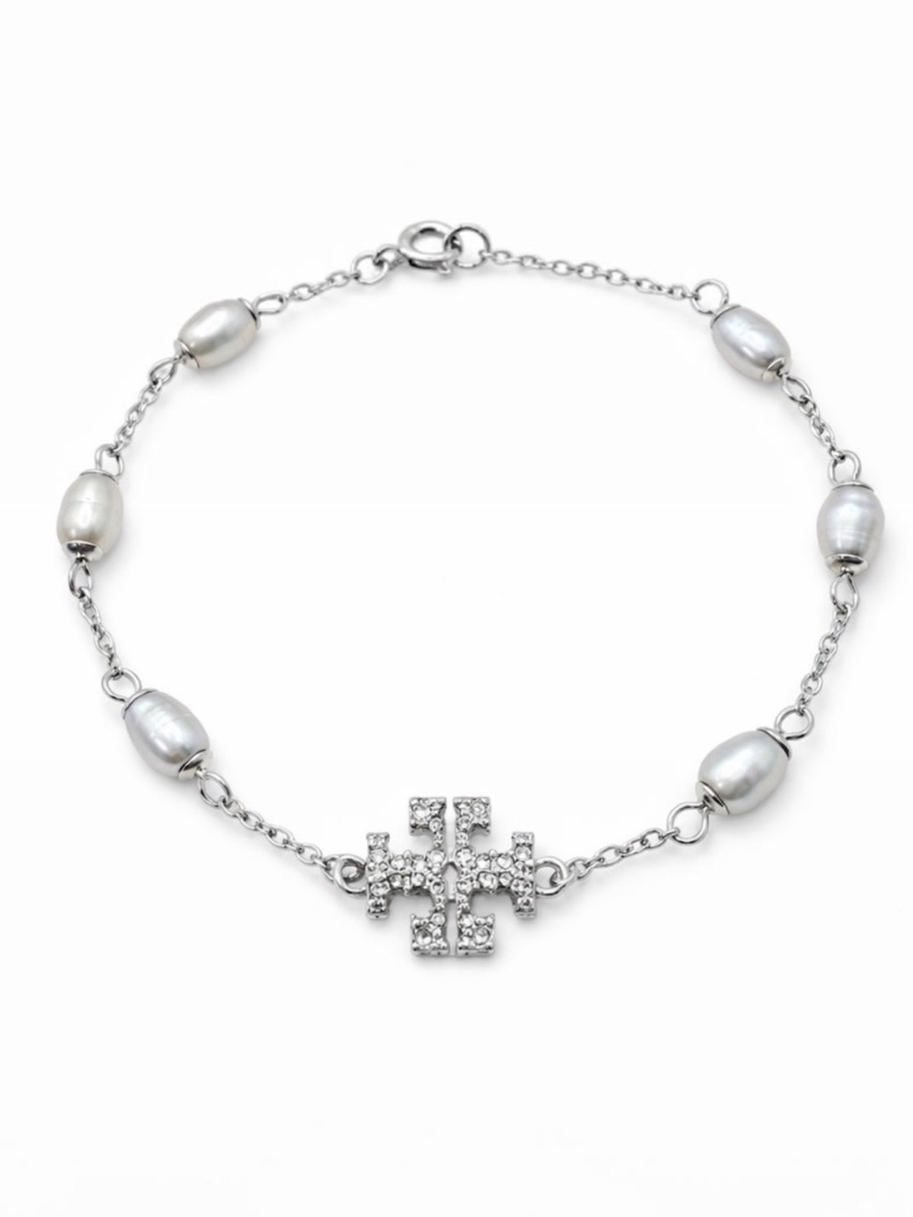 Tory Burch Silver Milgrain Natural Pearl Pave Logo Bracelet